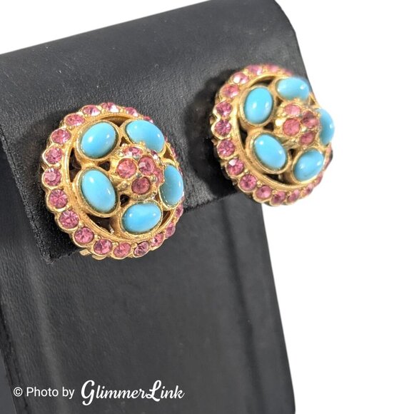 Vintage Pink Rhinestone Blue Cabochon Round Gold Tone Clip On Earrings - Picture 2 of 11